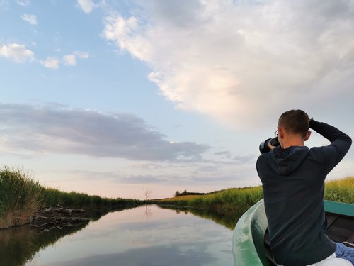 Junger Mann fotografiert einen Baum am Ende eines Flusses in Estland bei Sonnenuntergangsstimmung