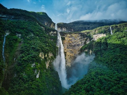 Gocta Falls waterfall in Peru aerial drone view