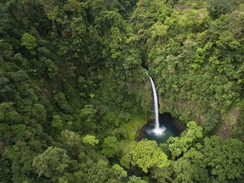 Wasserfall von oben fotogarfiert umgeben von dichtem Regenwald