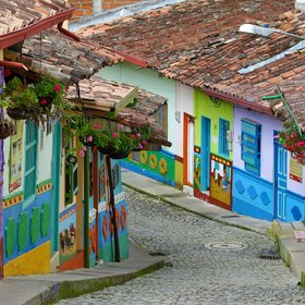 Bunt gestrichene Häuschen entlang einer Gasse mit Kopfsteinpflaster