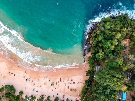 Strand mit Booten und Wald von oben 