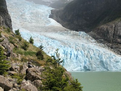 Gletscher kommt Berg runter und mündet in See - Chile Nationalparks