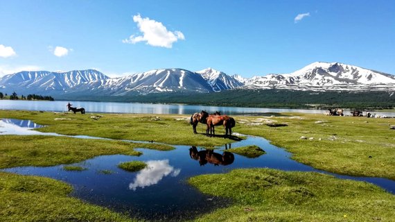 Mongolei Rundreise - beschneite berge mit see und pferden im vordergrund