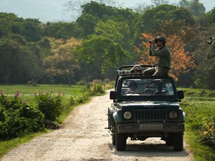 Paul mit Reisegruppe in einem Jeep in Kaziranga
