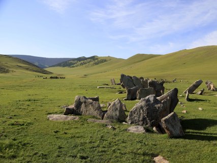 ????????????????????????????????????????????????????????????????? Deer stone monuments and square graves of Temeen Chuluu, Mongolia
