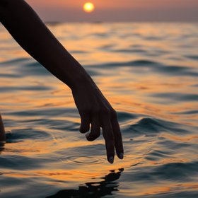 Hand nahe am Meerwasser bei Sonnenuntergang