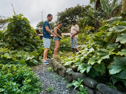 Zwei Menschen im La Tigra Rainforest Lodge Permakulturgarten