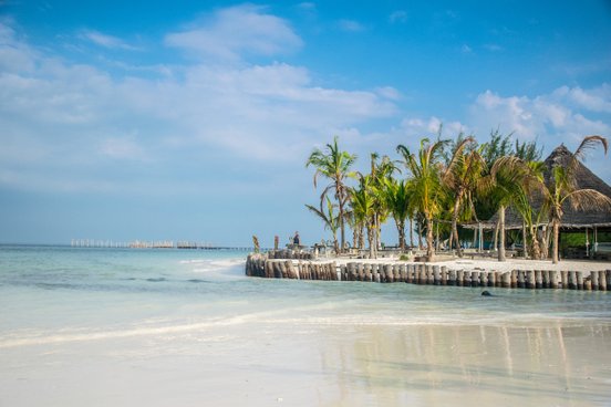 Palmen und Strand an türkisblauem Wasser