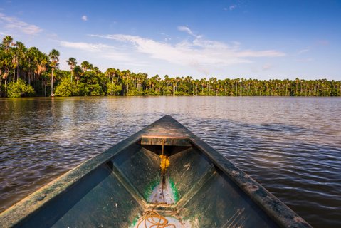 Canoe boat trip on Sandoval Lake, Tambopata National Reserve, Amazon Jungle of Peru