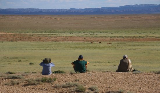 Mongolei Rundreise - 3 mencshen sitzen mit Rücken zur kamera auf dem weiten Feld