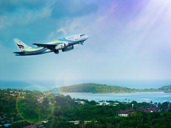 Bemaltes Flugzeug hebt ab über grüner Landschaft