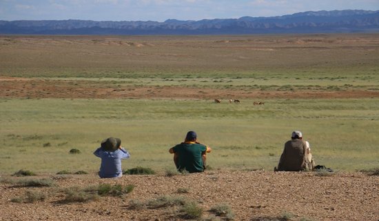Mongolei Rundreise - 3 mencshen sitzen mit Rücken zur kamera auf dem weiten Feld