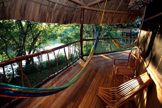 Belize Unterkunft, Baumhaus mit ganz viel Holz und Hängematte ist zusehen in grün