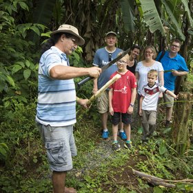 Costa Ricaner zeigt einer Familienreisegruppe etwas in der Natur