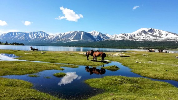 Mongolei Rundreise - beschneite berge mit see und pferden im vordergrund
