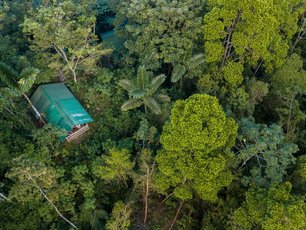 Drohnenaufnahme eines Hüttchens der La Tigra Rainforestlodge umgeben von Regenwald