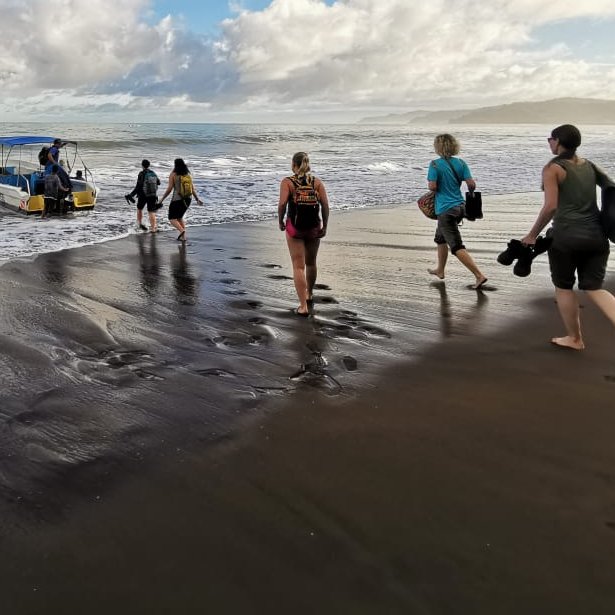 Reisegruppe läuft zu einem Boot am Strand von Corcovado in Costa Rica