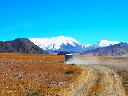 van fährt durch wüste im hintergrund schneebedeckte berge - mongolei rundreise 2 wochen