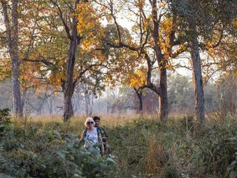 Ein weiblicher Tourist läuft im Morgenlicht durch einen lichten Wald im Bardia Nationalpark