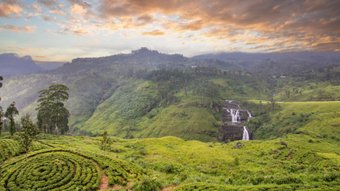 Hochlandpanorama mit Teeplantage und Wasserfall im Dämmerlicht 