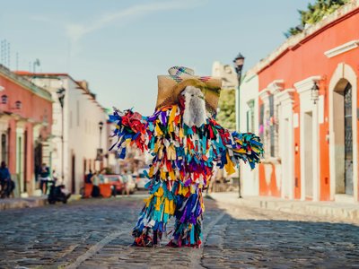 Bunte Straße mit Mensch in traditionellen Kostüm - Mexiko Highlights