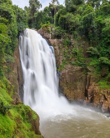 Ein hoher und breiter Wasserfall umrahmt von tropischer Bewaldung