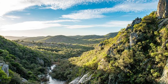 Flusslauf in einem bewaldeten Tal mit Felsen und Hügeln unter blauem Himmel mit Wolken