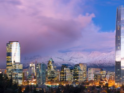 Skyline of financial district in Las Condes with Los Andes Mountains in the back, Santiago de Chile