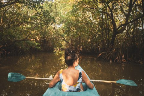 Privatreise Sri Lanka - Frau paddelt im Kanu durch Mangroven