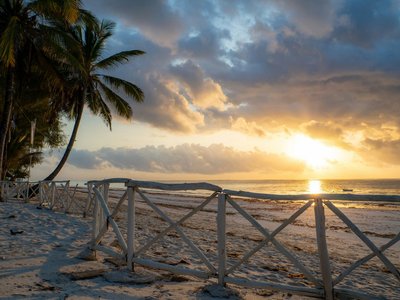 Strand mit weißem Zaun und Plamen im Sonnenuntergang - Kenia Highlights