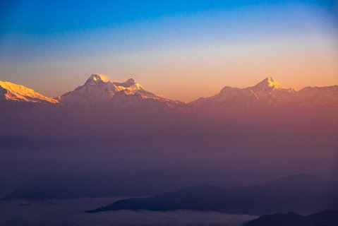 View of Himalays during sunrise at Binsar, a hill station in Almora district, Uttarakhand, India.
