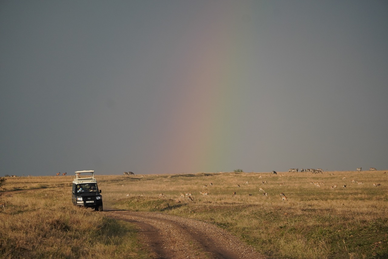 Breiter Regenbogen zeigt sich in der Savanne in Tansania