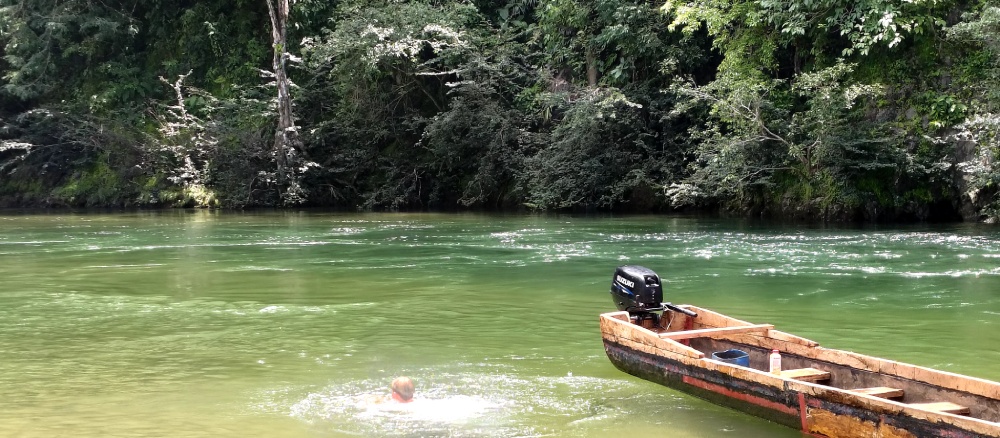 Bootsfahrt auf dem Fluss in Panama Personen schwimmen neben einem Boot während einer Flussfahrt in Panama