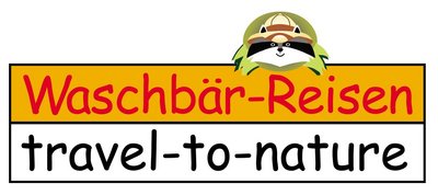 travel-to-nature Waschbär-Logo Logo aus Schriftzug "Waschbär-Reisen, travel-to-nature" mit einem gezeichneten Waschbären