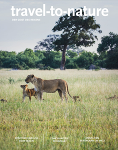 Magazin-Cover von travel-to-nature mit einer Löwenmama und ihrem Baby