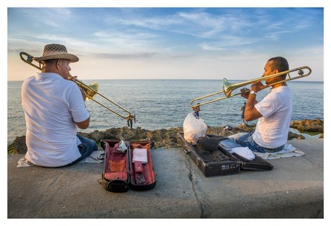 Trombonists practicing on the Malecon, Havana