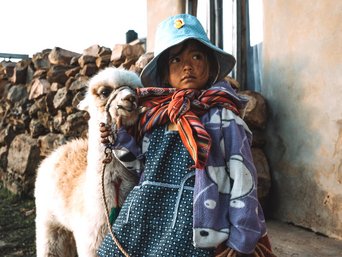 Kleines Mädchen mit Hut hält ihr Alpaka an der Leine