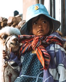 Kleines Mädchen mit Hut hält ihr Alpaka an der Leine