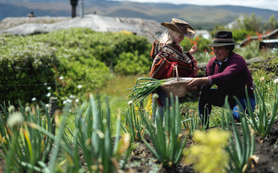 Eine Ecuadorianerin und ein Touristen-Mädchen ernten Gemüse aus dem hoteleigenen Garten
