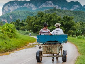 Zwei Mnner mit Hut in einer Kutsche in Viñales