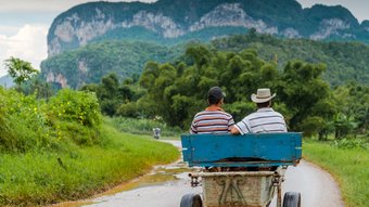 Kuba Menschen Zwei Mnner mit Hut in einer Kutsche in Viñales