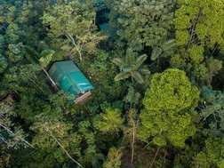 Drohnenaufnahme eines Hüttchens der La Tigra Rainforestlodge umgeben von Regenwald