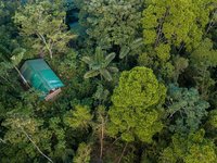 Drohnenaufnahme eines Hüttchens der La Tigra Rainforestlodge umgeben von Regenwald