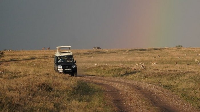 In der Savanne Tansanias leuchtet ein Regenbogen am Himmel