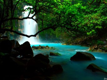 Ein Wasserfall ergießt sich in den blauen Rio Celeste