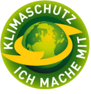 Grünes Siegel mit "Klimaschutz - ich mache mit"-Beschriftung