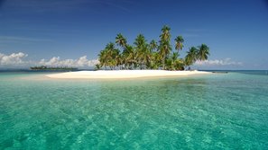 Kleine Insel im Meer mit einer Palme und türkisblauem Wasser