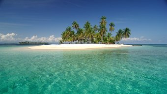 Kleine Insel im Meer mit einer Palme und türkisblauem Wasser