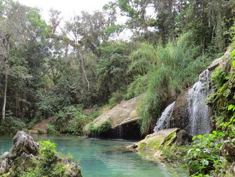 Ein Naturpool mit einem kleinen Wasserfall.